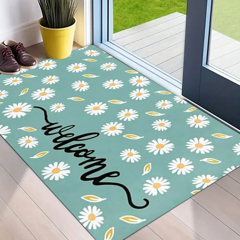 Blue Daisy Welcome Doormat Cute Floral Pattern Non Slip Entry Rug For Porch Entryway And Spring Home Decor