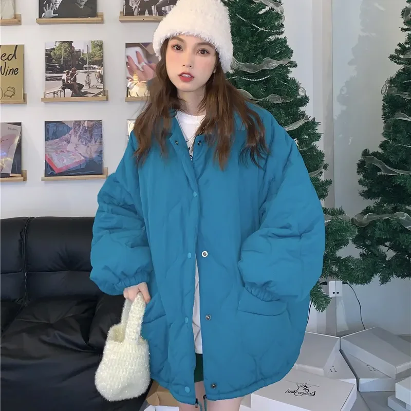 2024 Winter Vintage Warm Beige Cotton Clothes Female Casual Coat Streetwear Long Sleeve Parkas Chic Top