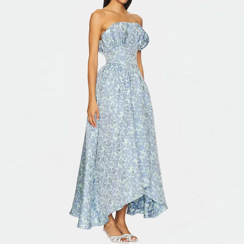 Elegant Floral Print Women's Long Dress 2026 Vacation Party Backless Summer Dresses Sexy Strapless High Waist Hem Evening Dress