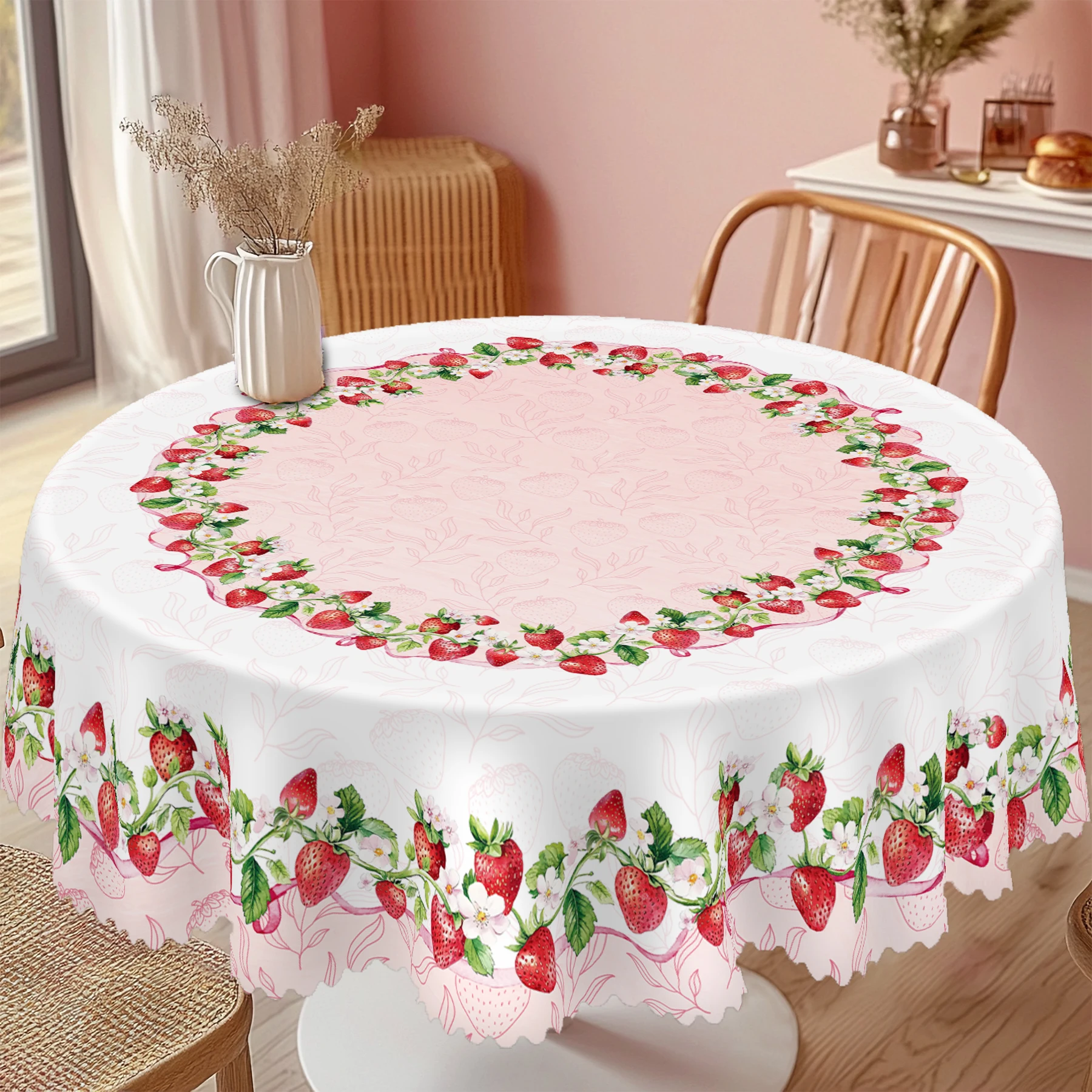 1 Piece of Strawberry Theme Round and Rectangular Tablecloth, Available in Various Sizes, Pink Strawberry Flower Pattern Printing Design, Spring and Summer, Suitable for Home Kitchen, Party Tablecloth, Gifts