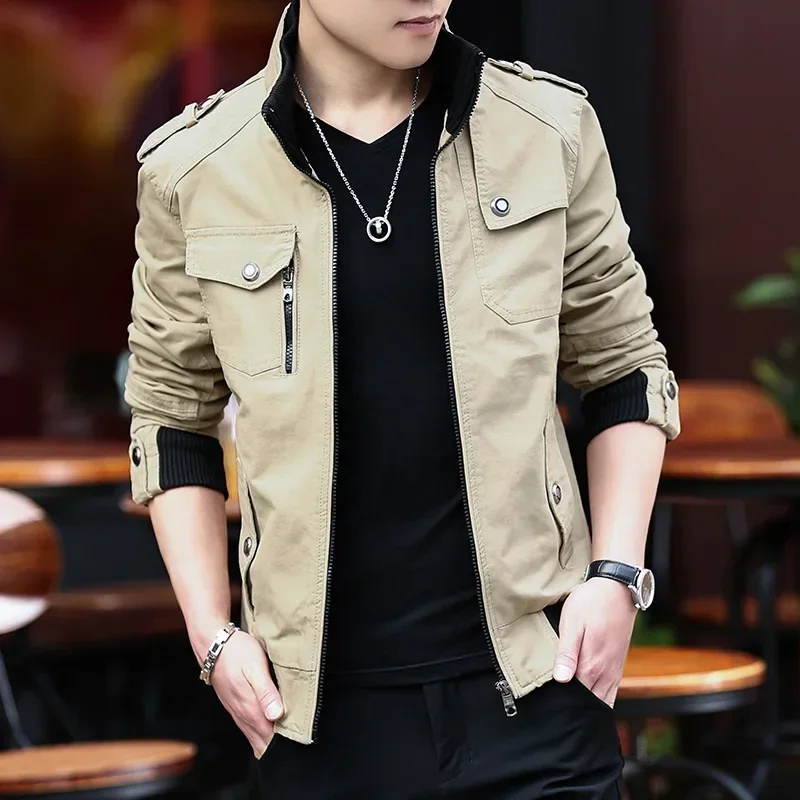 Thin Men\'s Jacket Korean Style Fashion Stand Collar Spring Autumn Cargo Jacket Coat