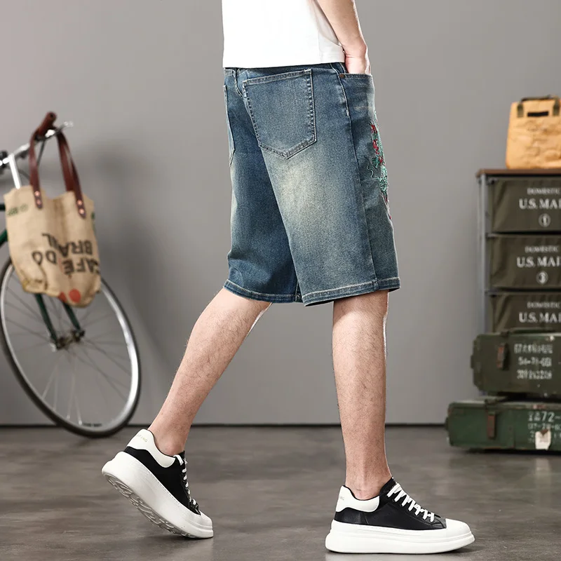 New Men'S Embroidered Denim Shorts Retro Straight Tube Loose Fit Large Size Trendy Brand Washed Versatile Casual Blue Jeans