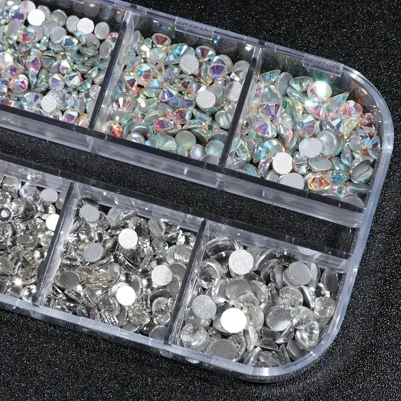 Boxed 3D-Nagel-Strasssteine mit flacher Rückseite, Nagel-Edelsteine, Glas AB und klare Kristall-Strasssteine, Kit, Nagelkunst-Charms, DIY-Maniküre-Zubehör