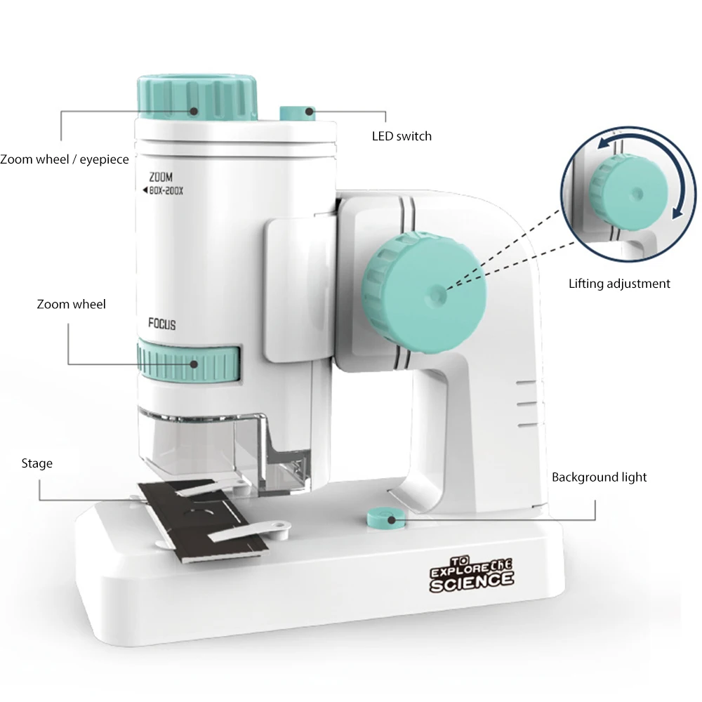 Brinquedo portátil do experimento científico do microscópio das crianças da ampliação 200x