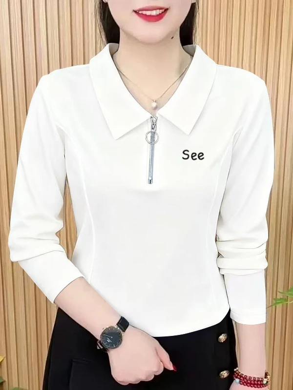 Camiseta de Manga Larga de Algodón Puro para Mujer, Estilo Coreano, Ajustada, con Cierre, Cómoda y Suave