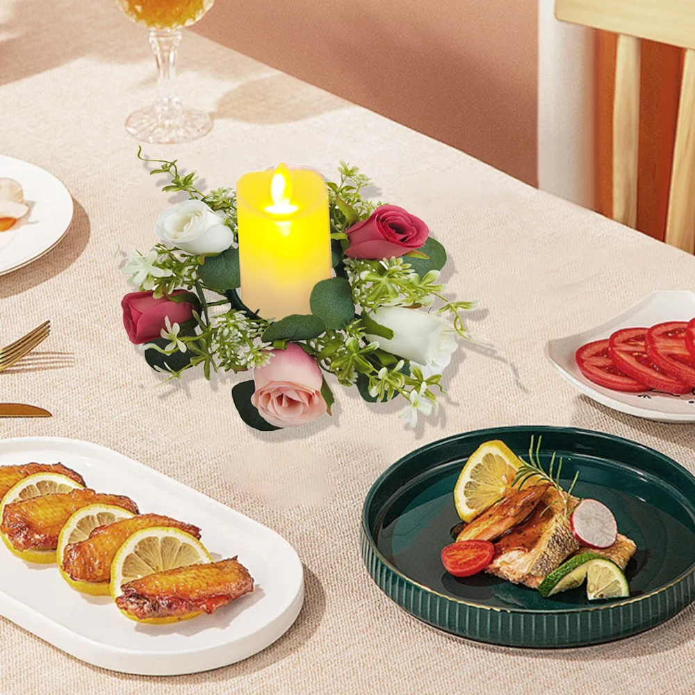 1 قطعة ضوء شمعة و 1 قطعة الشمعدان جارلاند ، شمعة إكليل شمعة حامل نبات اصطناعي إكليل الزهور الاصطناعية حلقة ديكور للطاولات