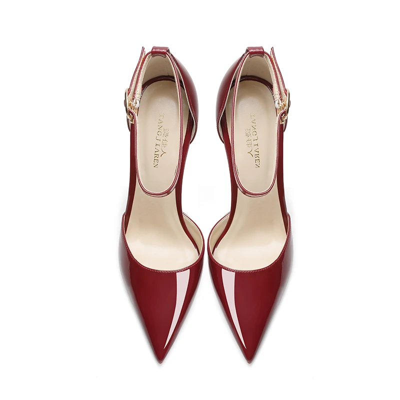 Tacones altos de color rojo vino para mujer, sandalias de punta con hebilla de una línea, nuevo temperamento sexy, zapatos huecos puntiagudos