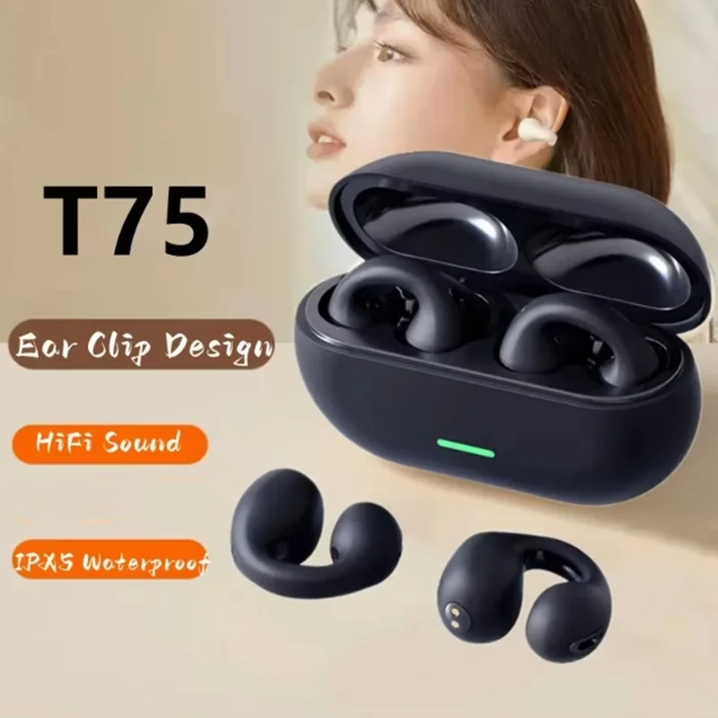 T75 Fone Bluetooth Headset Wireless Bone Conduction Headphones Clip Ear Music Noise Canceling HD Call Sports Gaming Earphone