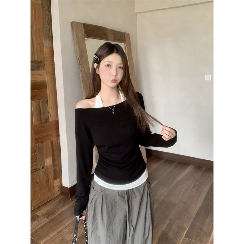 Striped One-shoulder Long-sleeved T-shirt Women's Autumn New Style Cover the Flesh and Slimming Fake Two-piece Top