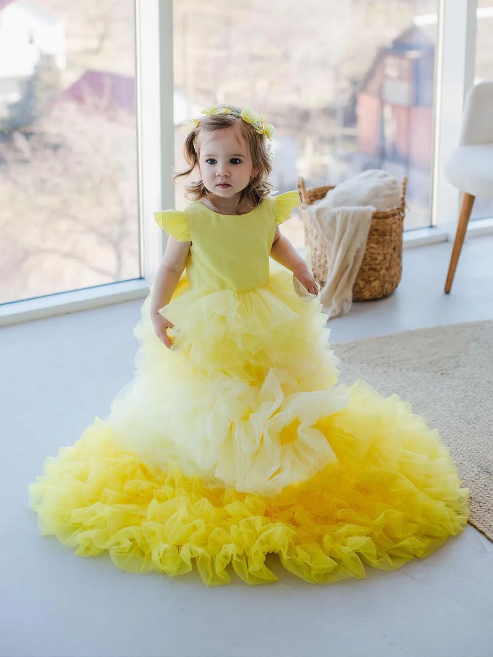 Baby Mädchen Prinzessin Kleid Kleinkinder Lange Schleppe Festzug Ballkleid Blumenmädchenkleider für Hochzeit Kleinkinder Abgestufte Tüll Partykleider