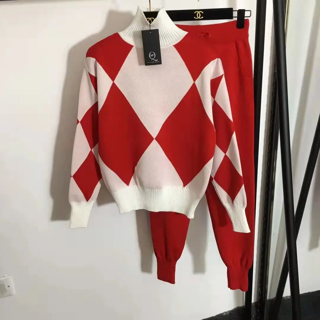 신상 투피스 여성 스웨터 스포츠웨어 가을 겨울 스플라이싱 하프 하이넥 풀오버 탑+니트 하렘 팬츠 세트 여성용