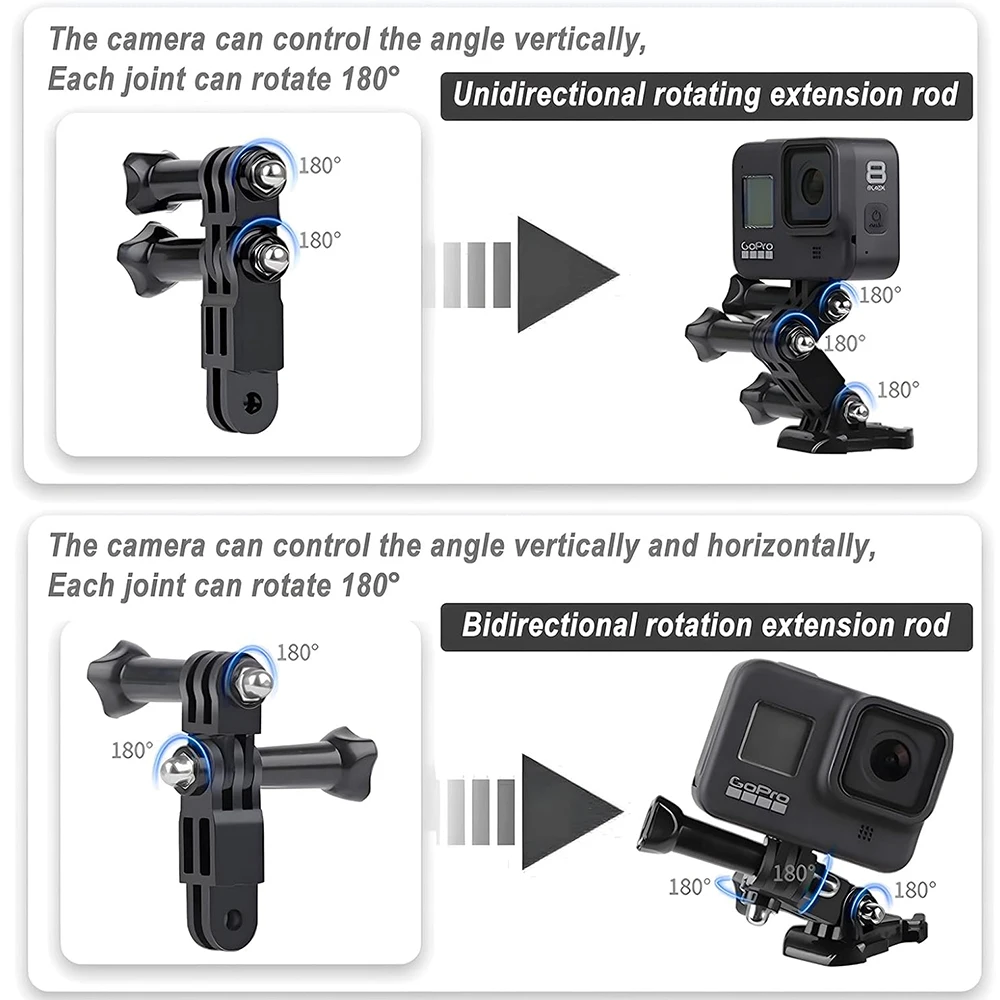 GoPro Hero 11, 10, 9, 8, 7, Insta360 DJI OSMO için 3 Yollu Ayarlanabilir Uzatma Pivot Kol Adaptör Kiti, Aynı ve Dikey Yön