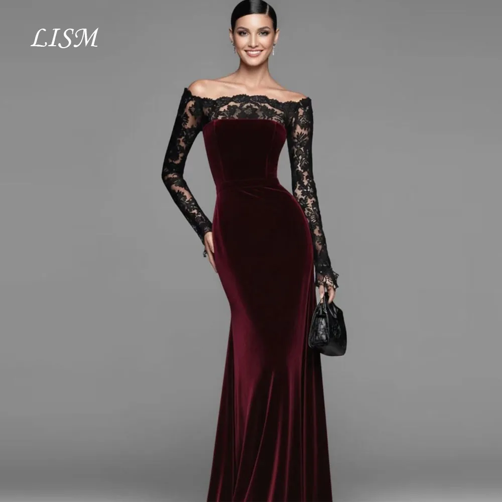 LISM 원라인 칼라 이브닝 드레스 실크 레이스 벨루어 풀 슬리브 A라인 우아한 모던 프롬 가운 맞춤형 이브닝 드레스