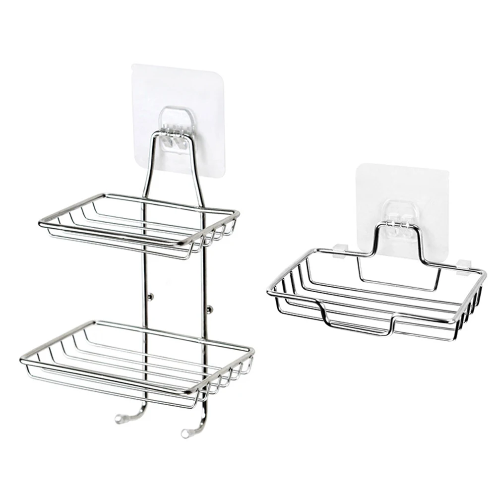

2Pcs Draining Soap Dish Wall Mounted Stainless Steel Sucker Rack Silver Holder Tile Glass Smooth Surface Bathroom Kitchen ganize