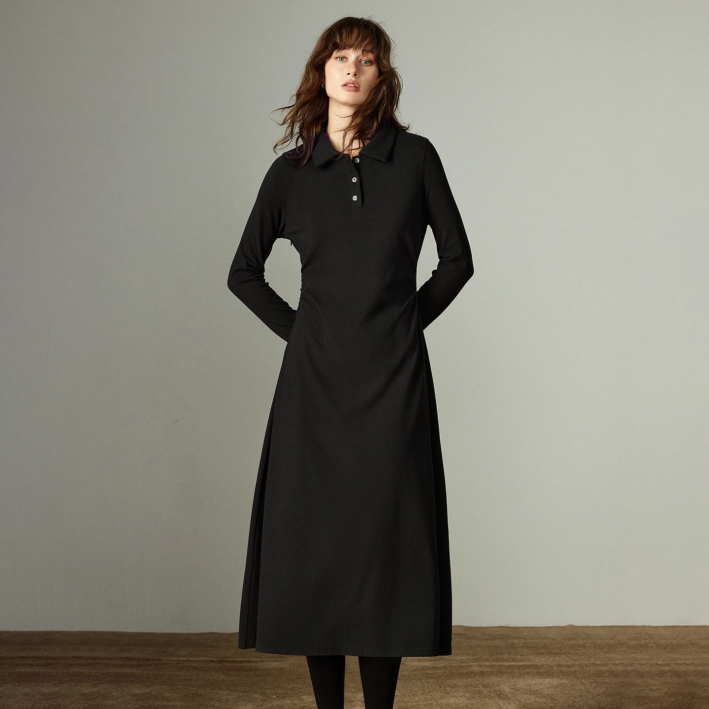 TOYOUTH Vestidos femininos 2025 inverno novo vestido polo de comprimento médio com babados na cintura vestidos de camada de base quente