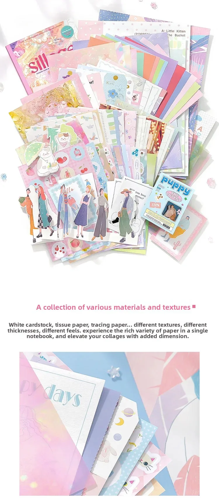Journal GO 64-teiliges Inspirations-Scrapbook-Dekorationsmaterial-Set mit Materialpapier, Aufklebern, Briefkarten, DIY-Collage-Journal – Detail 4