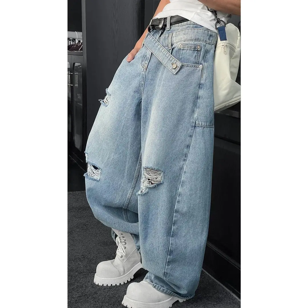 Spring 2026 New Men's Retro Splicing Scratched Holes Loose Drape Wide-leg Denim Trousers