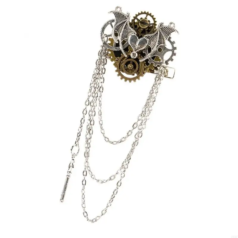 

39BC Заколка для волос в стиле стимпанк Брошь Ювелирные изделия для волос Металлические крылья Сердце Шестерни и цепочка