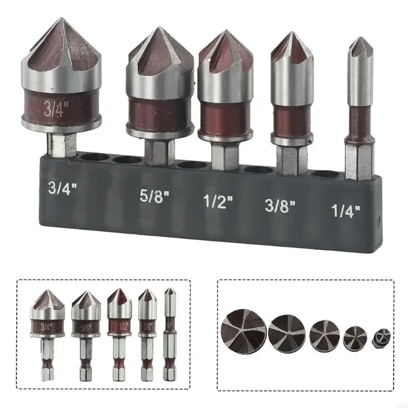5pcs Multi-Size Countersink Drill Bit Set (1/4, 3/8, 1/2, 5/8, 3/4") | 1/4" Hex Shank Deburring Bits for Wood Metal Plastic