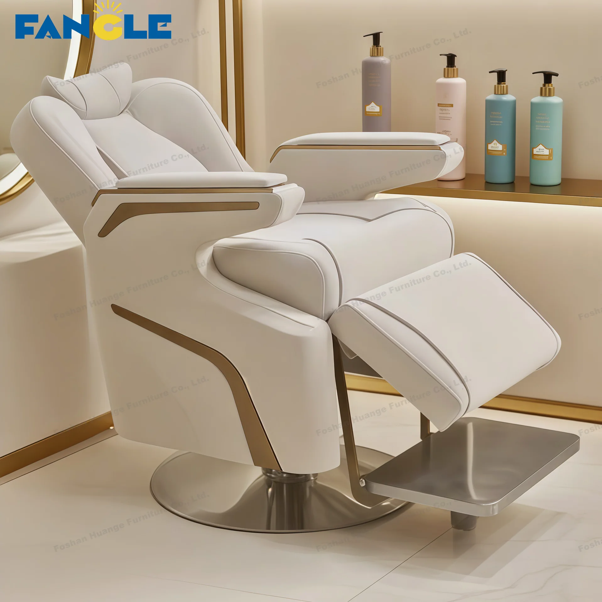AIROW Luxury White Gold Tufted Synthetic Leather Barber Chair Hydraulic Pump Round Base Styling Shaving Chair for Barbershop
