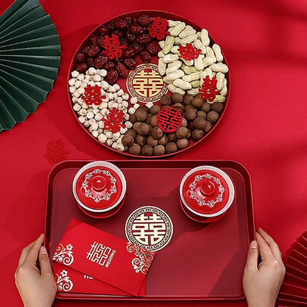 1Pcs Wedding Banquet Red Tray Durable Decorative Snack Fruit Toast Chinese Traditional Plate Festive Supplies Plastic Xi Tray