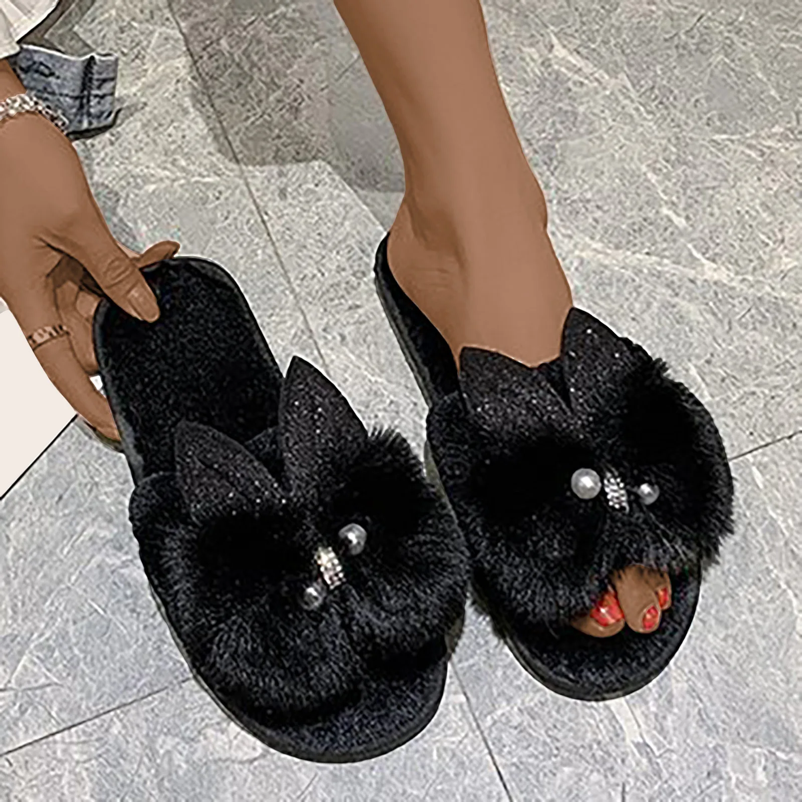 Womens Winter Shoes Cartoon Cat Ears Fuzzy Slippers Female Flip Flops Fluffy Shoes Home Plush Cotton Slippers Slides Slippers