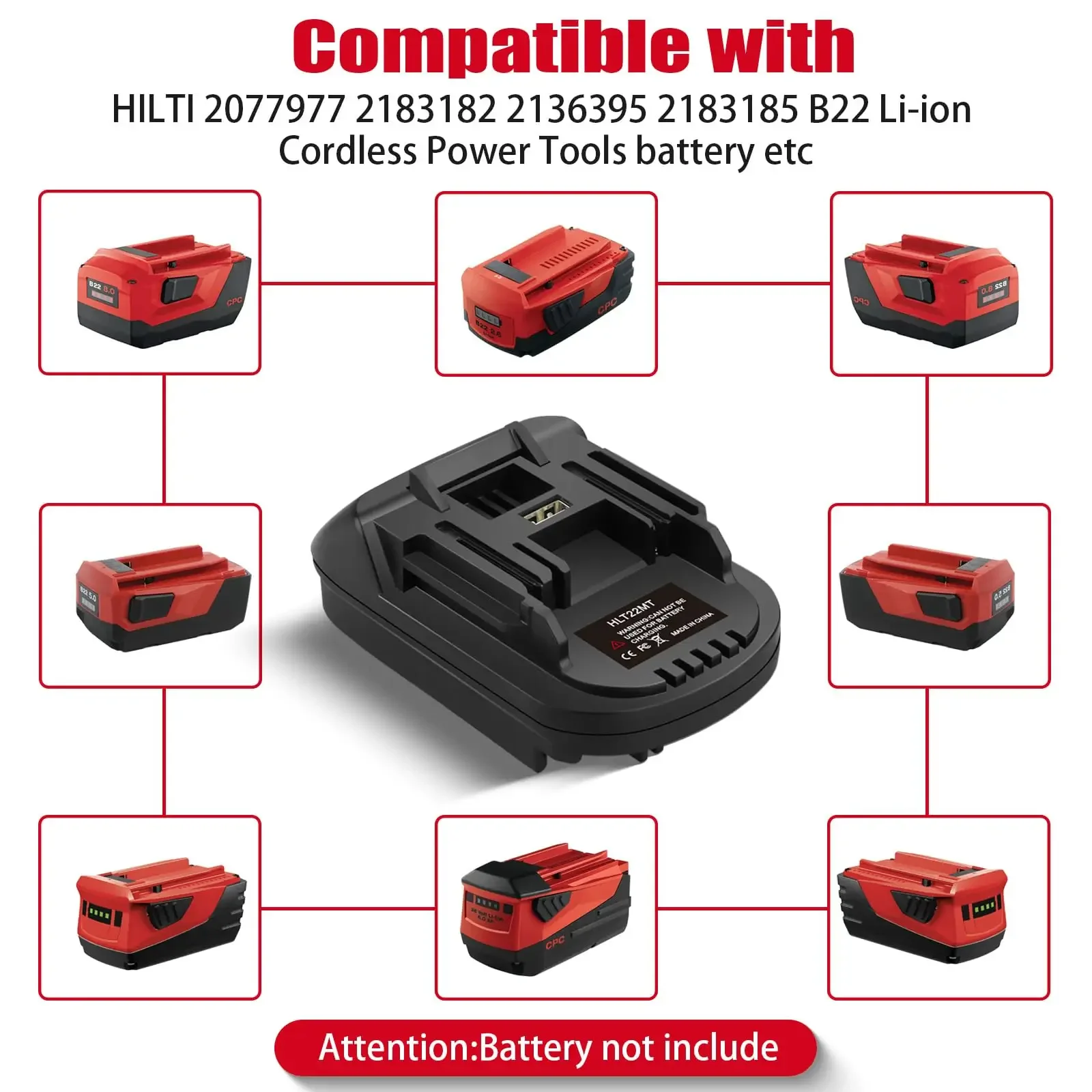 Convertitore adattatore batteria HLT22MT per batterie agli ioni di litio Hilti 22V Converte alle batterie utilizzabili per utensili elettrici Makita 18V