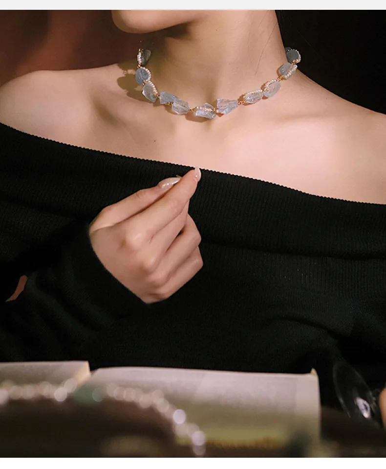 Freshwater Pearl Aquamarine Ocean Stone Neck Chain Female Clavicle Necklace for Women Choker Charms Collar Fashion Jewelry Gifts
