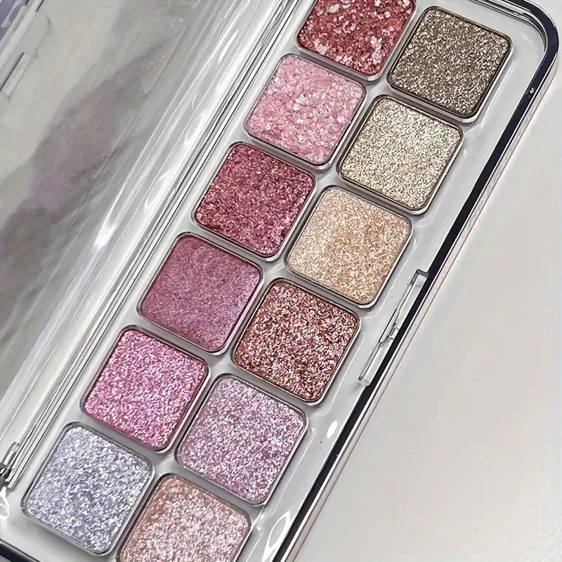 12-color eyeshadow palette - pink, white, red glitter and shimmer effects | Highly pigmented, long-lasting