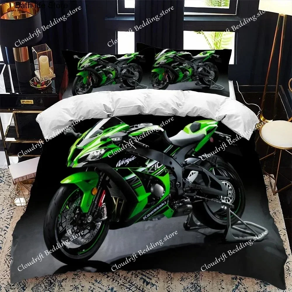 

Luxury Bedding Set Motorcycle Fire Print Duvet Cover Set with Pillowcase Motocross Bedspread Boy's Bed Set026