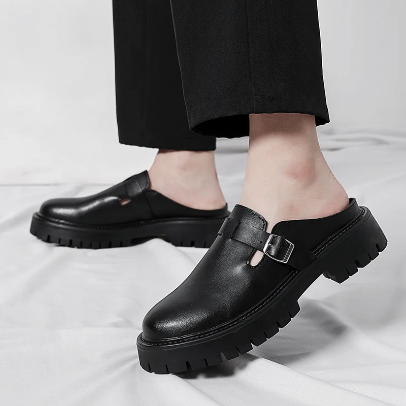 Summer Men's Leather Loafers Breath Slippers for Men Light Comfort Casual Shoes Slip-On Half Loafer Soft Cushion Walking Shoes