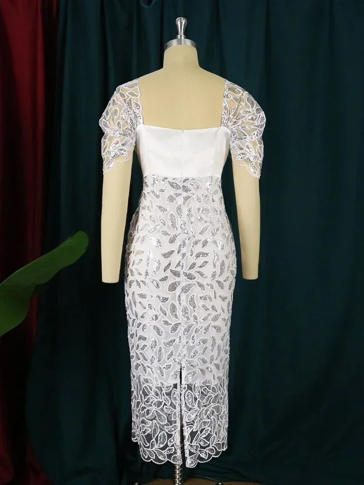 Robe mi-longue à paillettes blanches pour femmes, col carré, dos nu, dentelle, tulle, sexy, élégante, cocktail, tunique, été