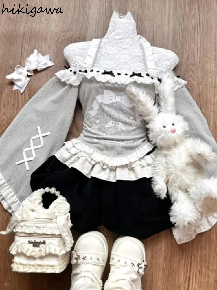 2025 Women Clothing Two Piece Sets Lace Anime Slash Neck Cute Tops High Waist Shorts Outfits Roupas Femme Japanese Sweet Suit