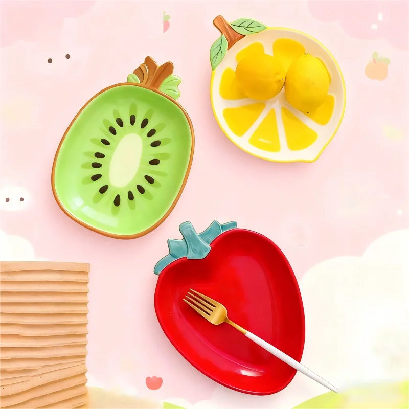 Vajilla de cerámica pintada a mano con forma de fruta, cuenco de arroz con forma de piña, fresa y limón, plato para ensalada de frutas, plato para postre y pastel