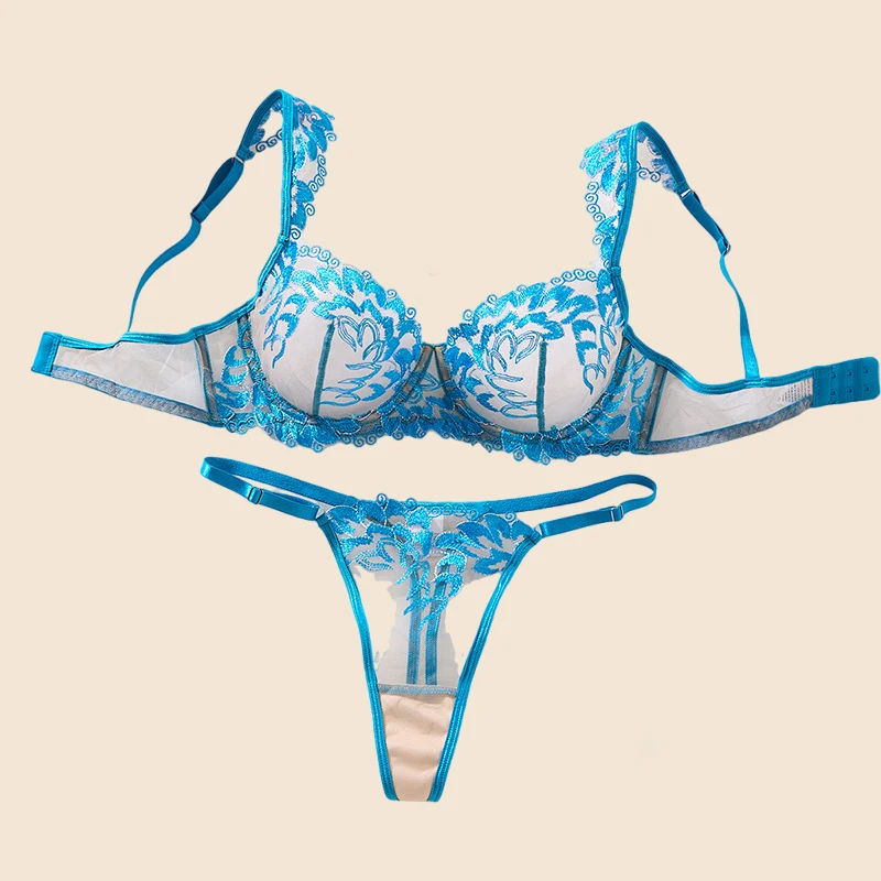 

Sexy Girl's Lingerie Peacock Blue Mesh Underwear Pure Desire Transparent Bra Set Delicate Embroidery Fantasy Erotic Lingerie