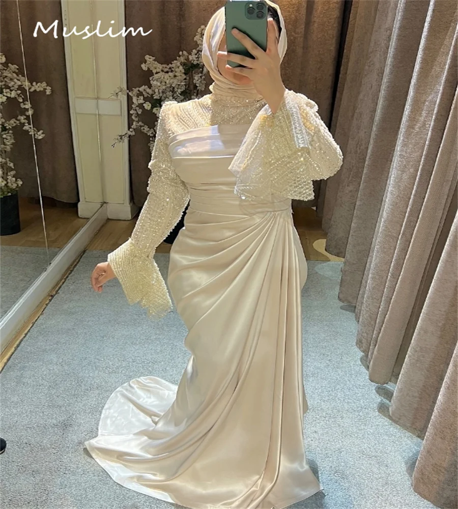 

Arabia Muslim Evening Dresses Elegant Light Champagne Mermaid Abaya Prom Dress Long Sleeve Plus Size Birthday Formal Customized