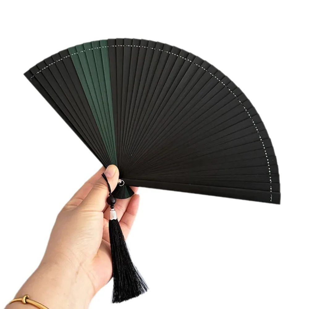 Chinese Style Folding Bamboo Fan Portable Exquisite Elegant Handheld Fans Retro Solid Color Tassel Folding Fan Party Gift