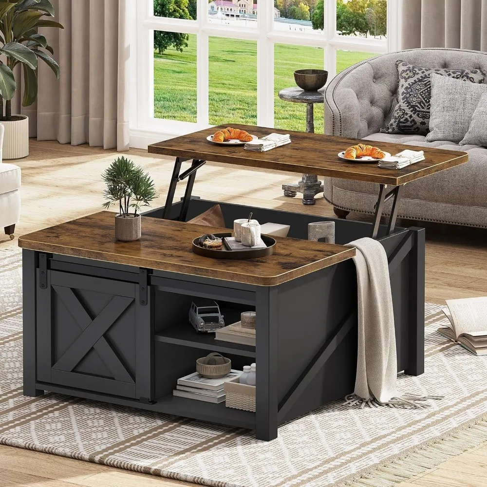 Lift Top Coffee Table with Sliding Barn Door &Storage Shelf, Square Coffee Table