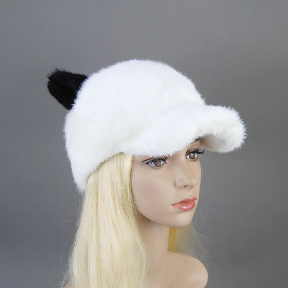 Autumn Winter Hat For Girl Women With Warm Luxury Natural Mink Fur Hat Stylish Design Bonnets Distinctive hat with Tail Ears Cap