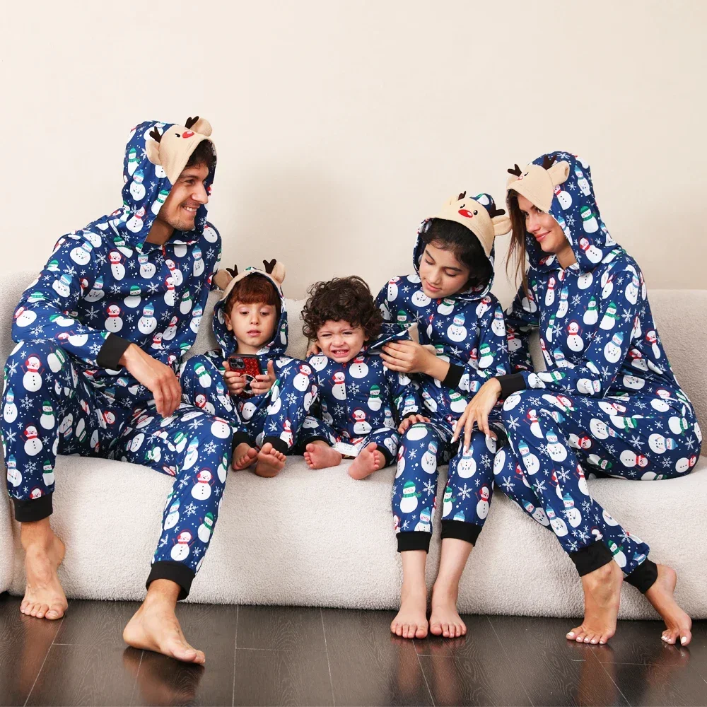 

Christmas Outfits for Family Adults Kids Matching Pajamas Cartoon Print Hooded One-Piece Jumpsuit Warm Soft Xmas Romper