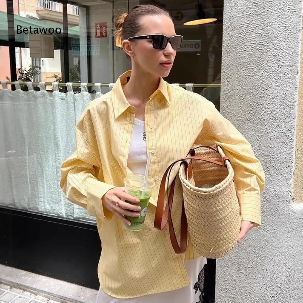 Lapel Collar Vertical Striped Oversized Shirt For Ladies Yellow Base Light Blue Line Long Sleeve Curved Hem Daily Top