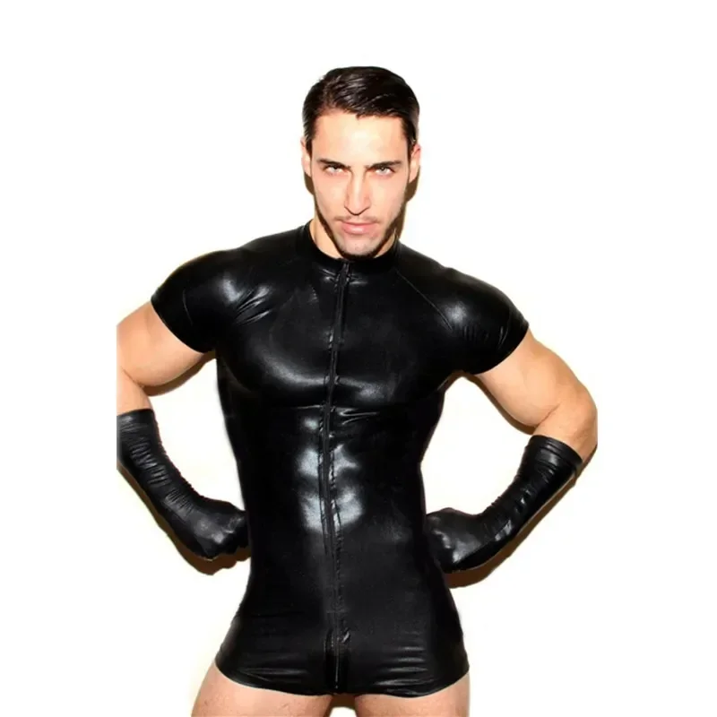 

Wetlook Latex Catsuit Faux Leather Mesh Jumpsuits Black Stretch PVC Bodysuits Sexy Clubwear Men Open Crotch Lingerie