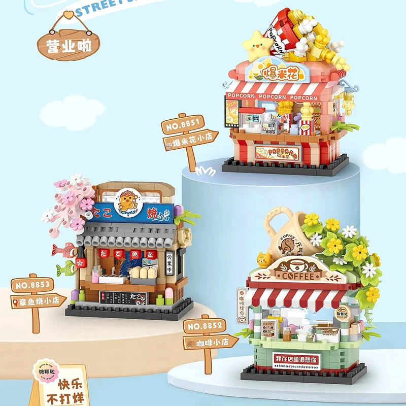 Architettura fai-da-te Ristorante Caffetteria Gelato Negozio di auto Street View Kit di blocchi di costruzione Ragazze Mattoni Modello classico Giocattoli per bambini