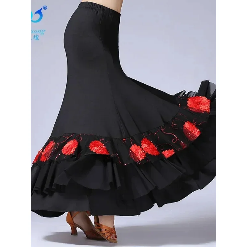Mulheres flamenco vestido de prática de salão espanhol fantasia dança do ventre wear lantejoulas flor bordado plissado grande asa saia de palco cigano