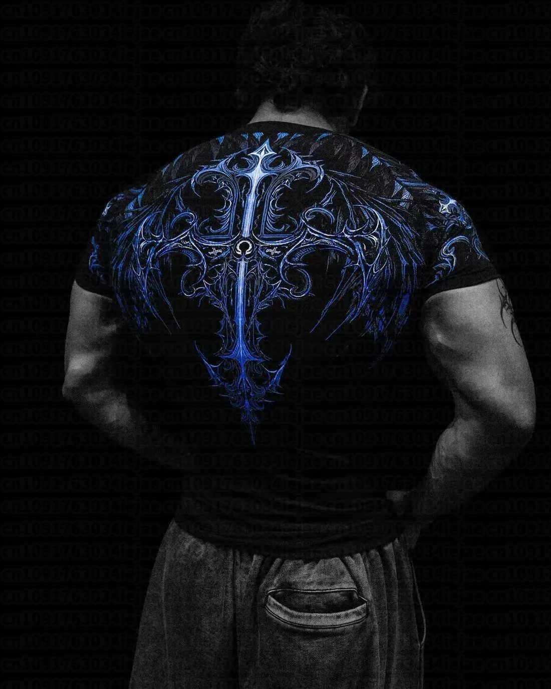 Herren Kinder Schnelltrocknendes Kompressions-T-Shirt mit Gothischem Roten Kreuz Flügel-Rückenaufdruck T-Shirt Bodybuilding Workout Kurzarm Sportshirt Top – Detail 7