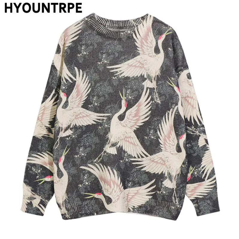 Men Knitted Sweater Japanese Style Harajuku Printed Graphic Sweaters Casual Cotton Streetwear Sweaters Pullovers Hip Hop Hipster