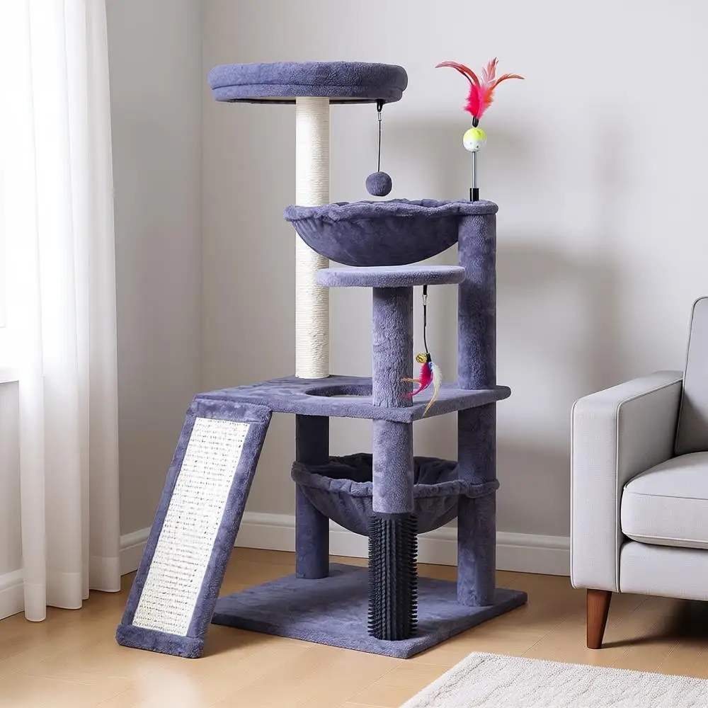 

Multi-Level Cat Tree with Big Cat Hammock, Self-Grooming Brush, Scratch Ladder, Climbing and Scratching Posts, Grey