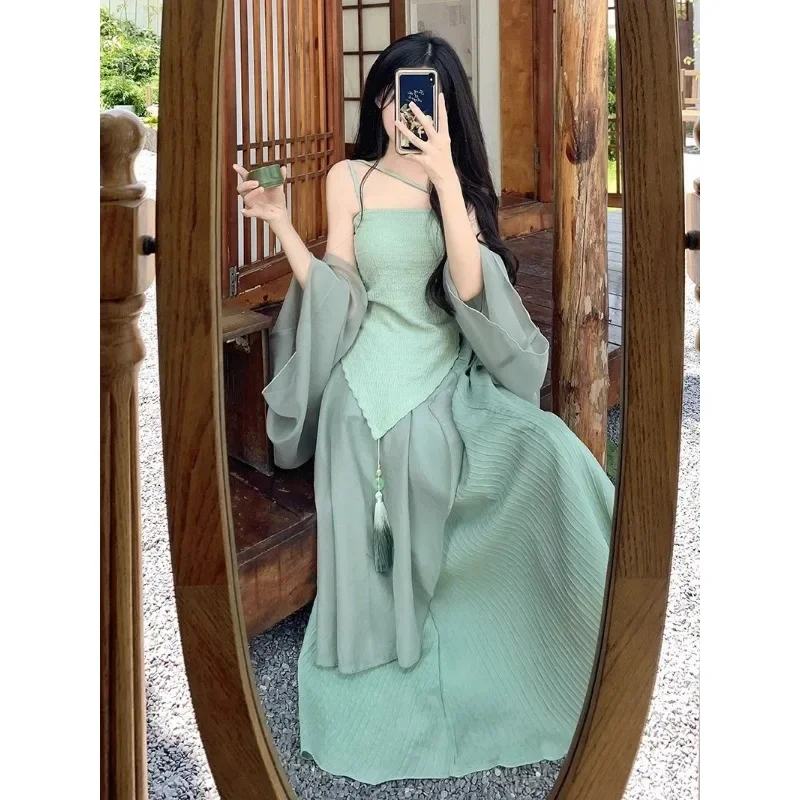 Women's Set Three Piece Suit 2023 Summer Chinese Style Cardigan Suspender Vest High Waisted Skirt Fairy Clothing