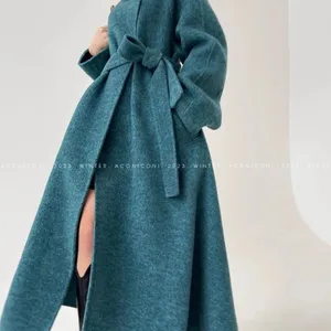 Hochkragen blau Wollmantel, langer Mantel mit Gürtel, Reihen weibliche glamouröse, luxuriöse, elegante, modische Streetwear 8 Hauptverkäufe Frauen hellblauer Mantel - №2