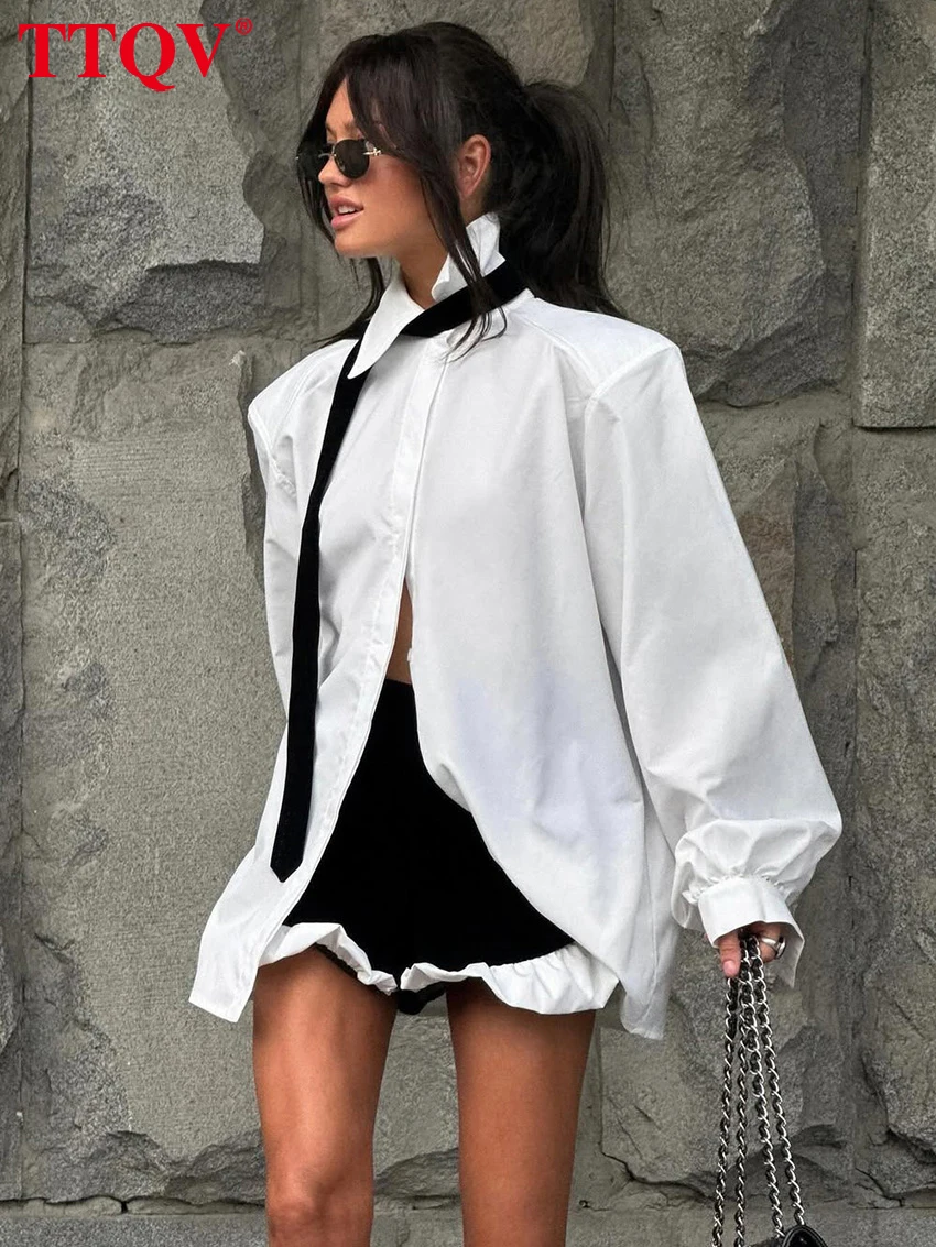 TTQV Fashion Loose White 2 Pieces Set For Woman 2026 Elegant Long Sleeve Shirt With High Waist Shorts Set Female Clothing